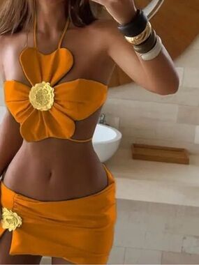 Bright Orange Flower Bikini Set+Skit-Size M, New